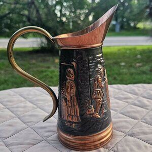 Vintage Decorative Embossed Copper and Brass Pitcher Old World Tavern Scene 8"